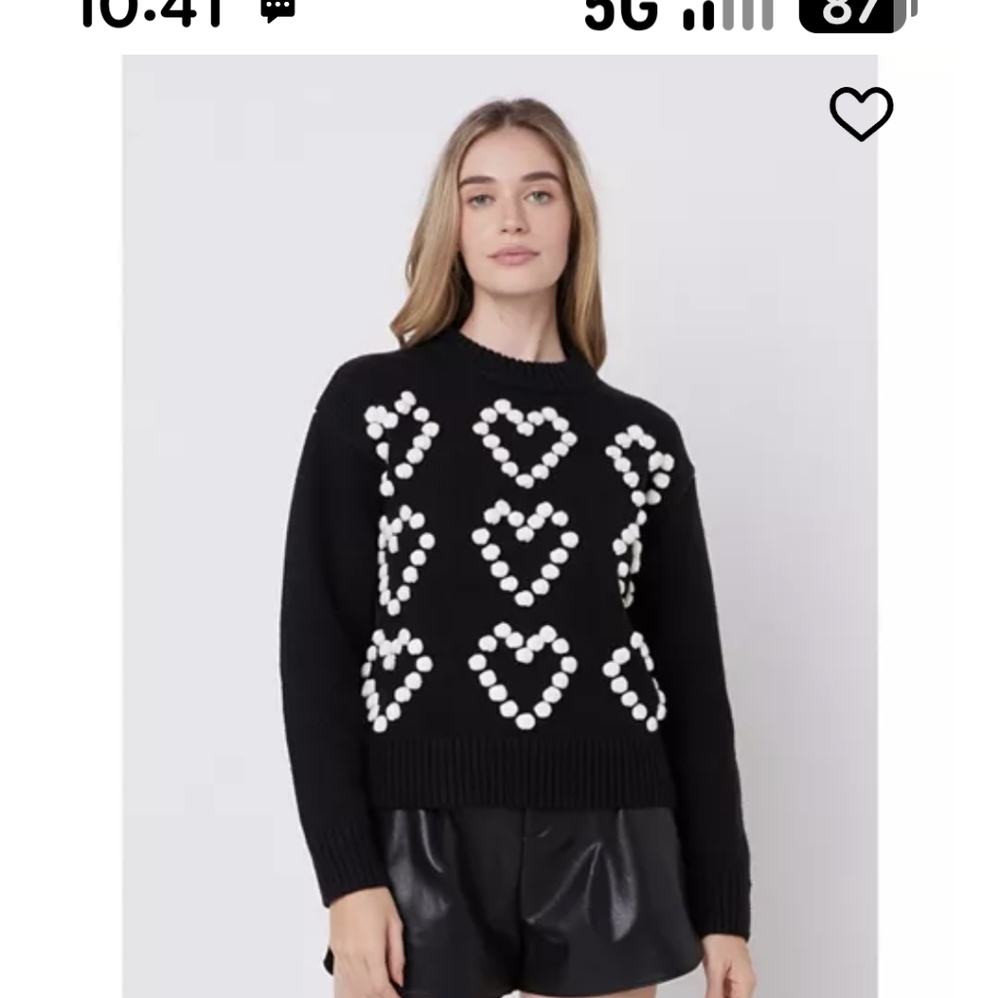 Heart Sweater English Factory Black Sweater with Cream Heart Details